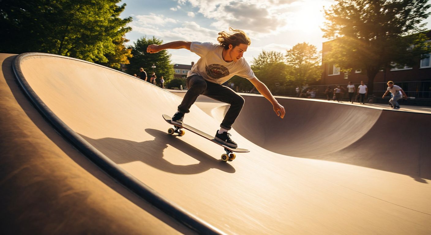 A skateboarder gliding down a curved ramp, their motion slowing as they ascend the opposite side, with faint heat waves rising from the wheels to symbolize friction converting kinetic energy into heat.