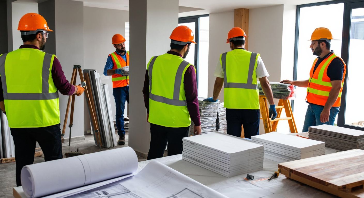 A group of Turkish construction workers in hard hats and reflective vests renovating a modern apartment, with stacks of quality building materials nearby and blueprints spread on a table.