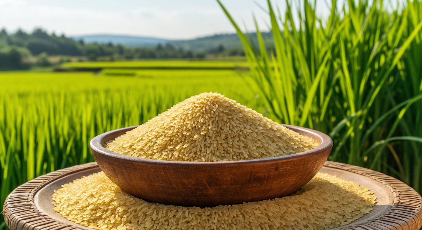 A golden pile of aromatic rice from Çorum, neatly stacked in a traditional Turkish wooden bowl, surrounded by fresh green rice fields under a bright sun.