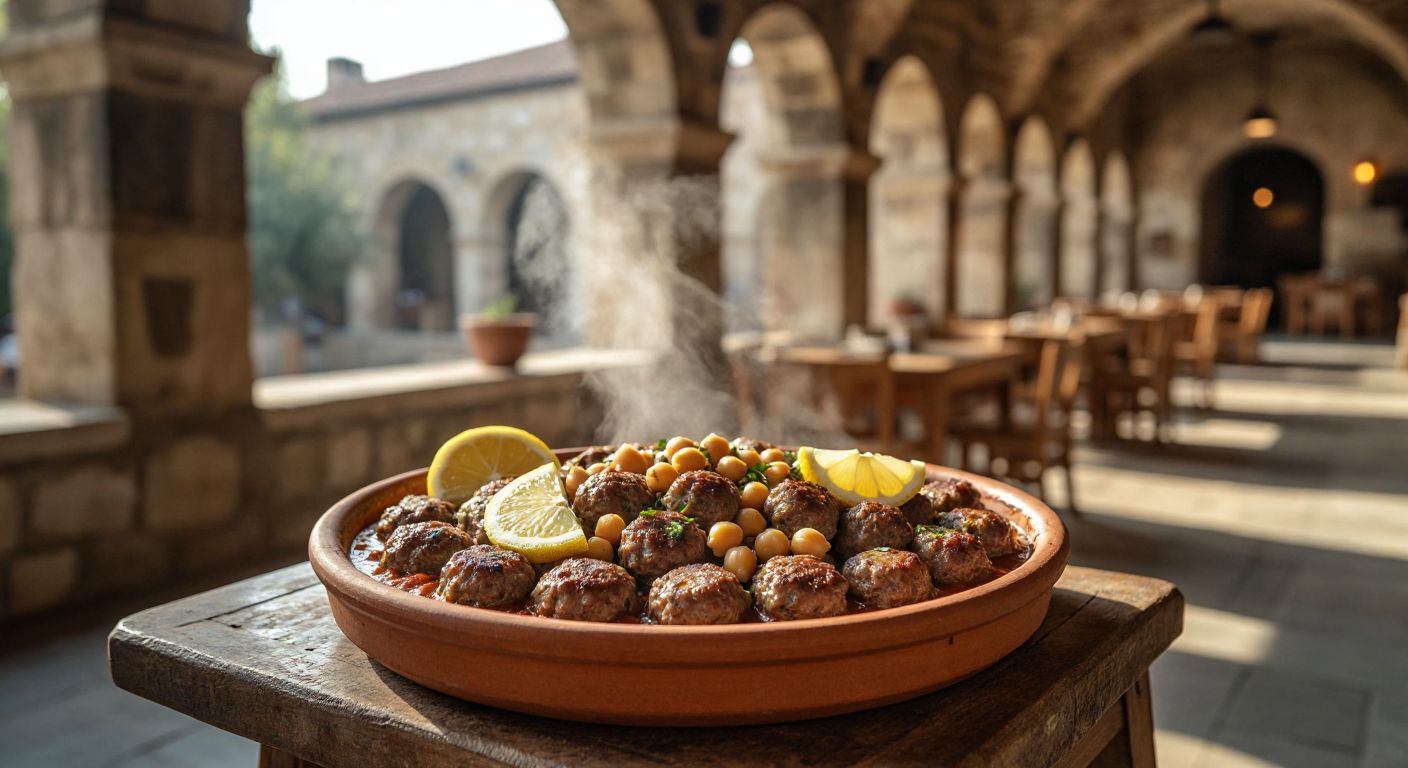 A steaming plate of tender Milas köftesi in a shallow clay dish, garnished with fresh lemon slices and chickpeas, set on a rustic wooden table in the historic Arasta Bazaar of Milas, with warm sunlight filtering through nearby stone arches.