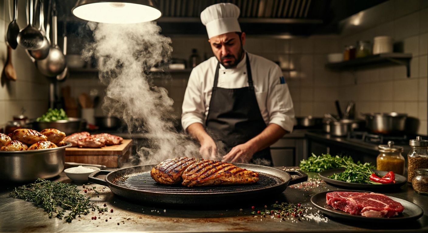 A Turkish kitchen counter with a sizzling grilled chicken breast and a piece of raw red meat slipping onto it, surrounded by scattered herbs and a concerned cook in an apron frowning at the contamination.