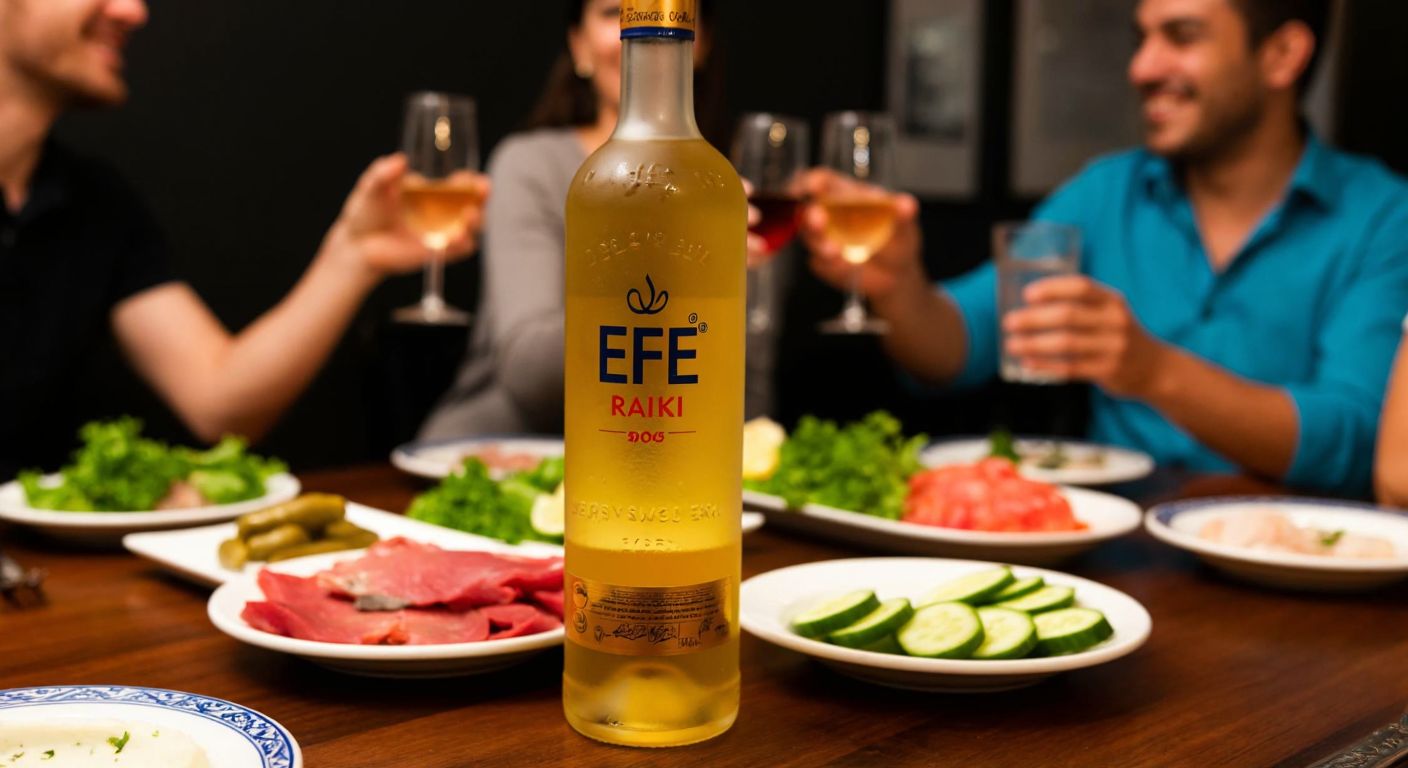 A golden bottle of Efe Rakı placed on a wooden table in a dimly lit Turkish meyhane, surrounded by small plates of meze, fresh fish, and sliced cucumbers, with a group of friends clinking glasses in the background.