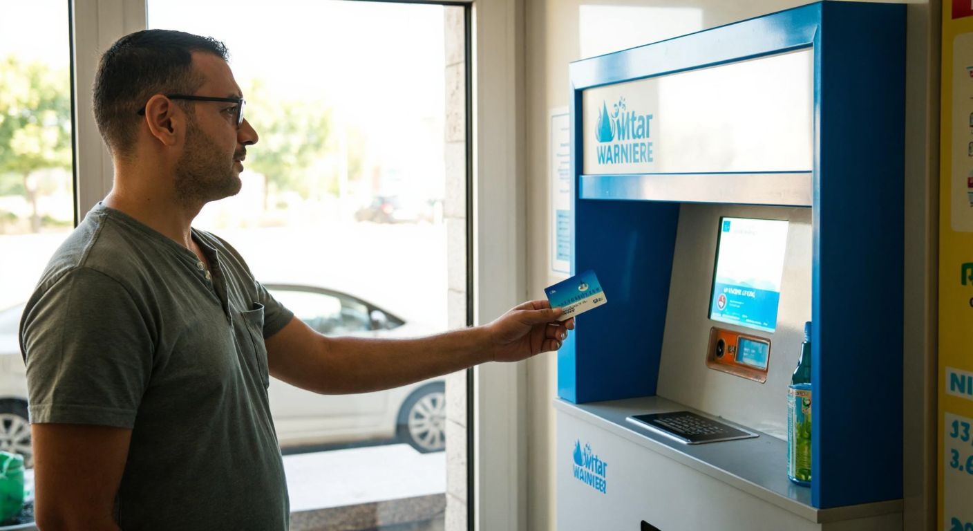 A Turkish man in casual clothing stands at a municipal water payment kiosk in Çanakkale, holding a blue water card while sunlight filters through the window onto the counter.