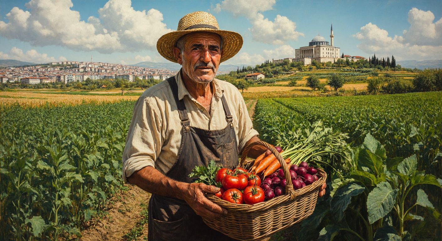 An elderly Turkish farmer in a sunlit field, wearing a straw hat and holding a basket of fresh produce, with a distant government office in the background.