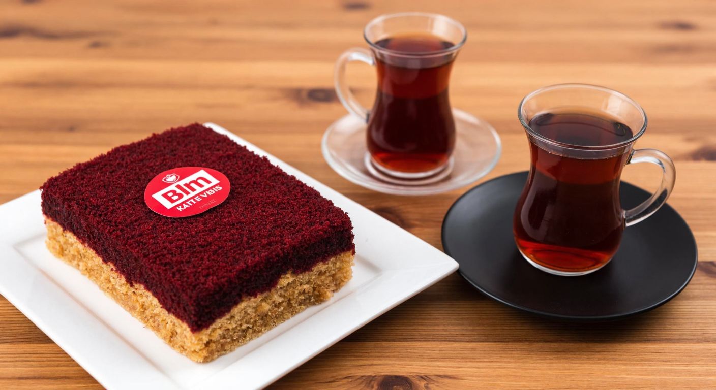 A neatly arranged package of Bim kadife tatlısı (velvet dessert) on a wooden table, with a traditional Turkish tea glass beside it, evoking warmth and sweetness.