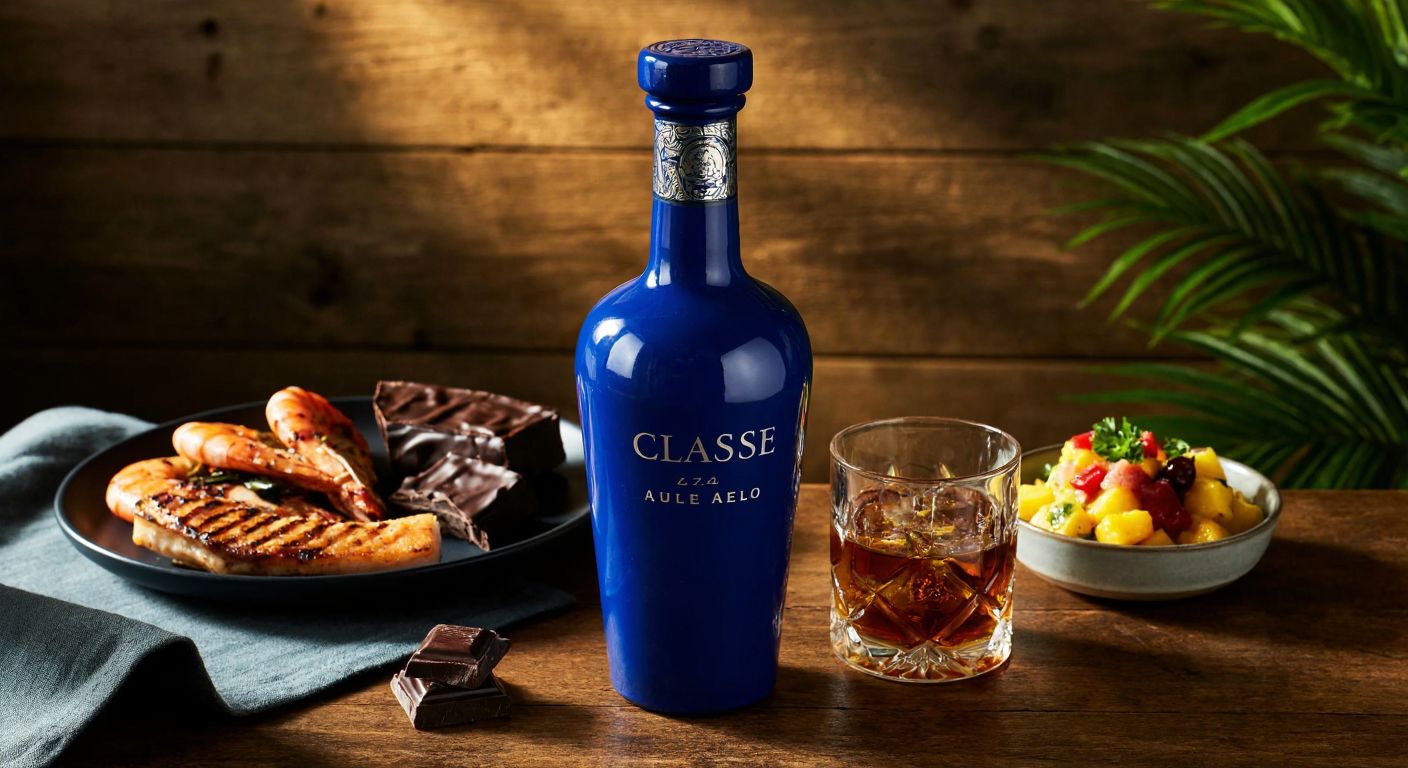 A sleek, handcrafted blue ceramic bottle of Clase Azul Añejo rests on a rustic wooden table beside a plate of grilled seafood, a slice of dark chocolate, and a bowl of fruit-based dessert, with warm golden light highlighting the rich amber hue of the tequila in a crystal-clear glass.