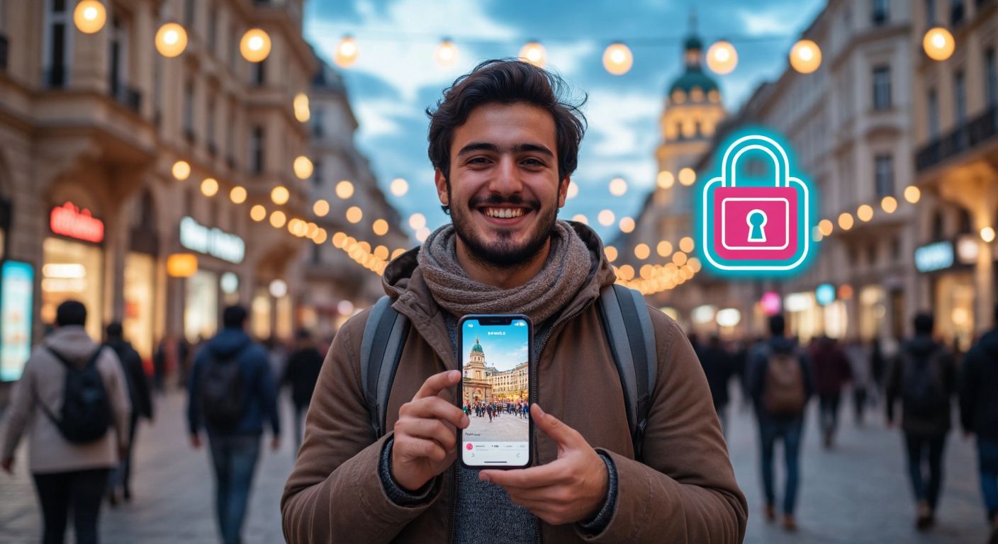 A smiling Turkish traveler in a bustling city square confidently holds up a smartphone displaying a colorful event ticket app, while a secure padlock icon subtly glows in the background.