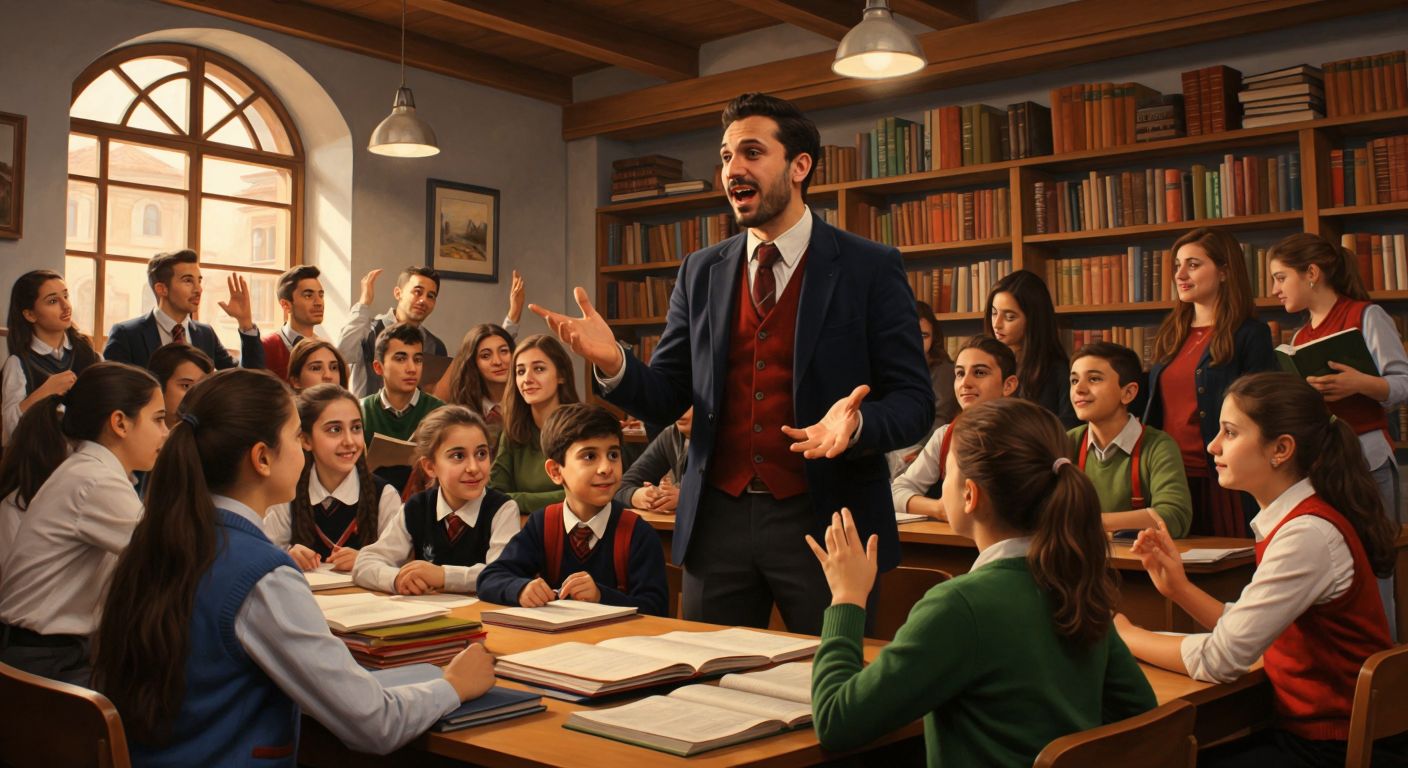 A bustling Turkish language school classroom with diverse students engaged in discussion, a teacher gesturing animatedly, and shelves filled with colorful textbooks, reflecting both enthusiasm and slight tension in the air.