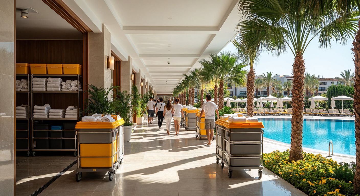 A bustling Turkish hotel floor with neatly organized housekeeping carts in a storage room, guests strolling through a sunlit corridor lined with potted plants, and a sparkling outdoor pool surrounded by lounge chairs under a clear blue sky.