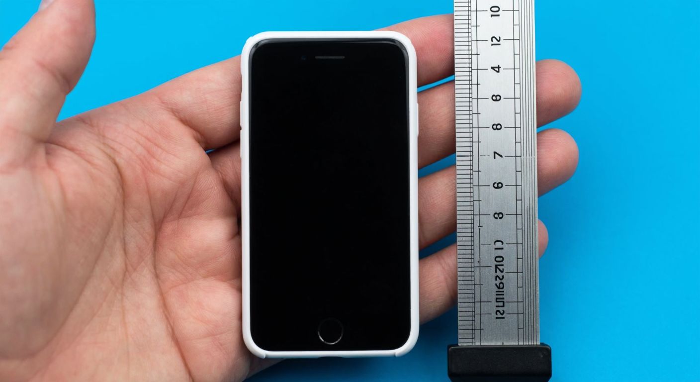 A small smartphone held in a person's hand with a ruler placed beside it, showing the measurement of 9.4 centimeters.