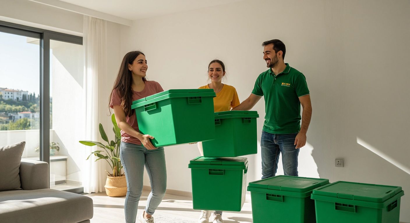 A smiling Turkish family carrying sturdy green plastic moving boxes into a bright, sunlit apartment, with a stack of identical boxes waiting nearby, while a worker in a branded uniform paints a freshly whitewashed wall in the background.