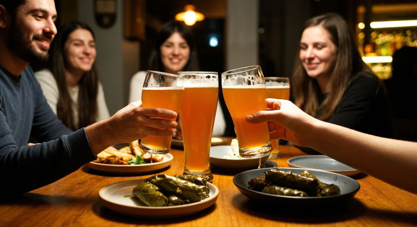 A cozy, dimly lit bar in Istanbul with wooden tables, where a group of friends clink glasses of amber-colored **Populus Imperial IPA** beer, their faces lit by warm, golden light, surrounded by plates of meze like stuffed grape leaves and roasted nuts.