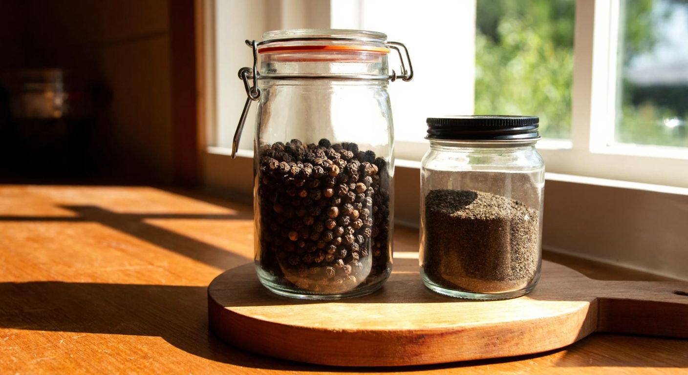A rustic wooden kitchen counter in Turkey holds a glass jar of whole black peppercorns and a smaller jar of ground pepper, with sunlight streaming through a nearby window onto a neatly arranged spice rack.