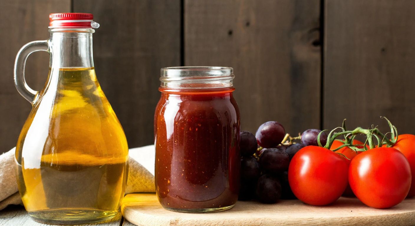 A rustic Turkish kitchen counter displays a glass bottle of golden apple vinegar and a jar of dark red ketchup, with fresh tomatoes and grapes arranged beside them, evoking a homemade cooking scene.