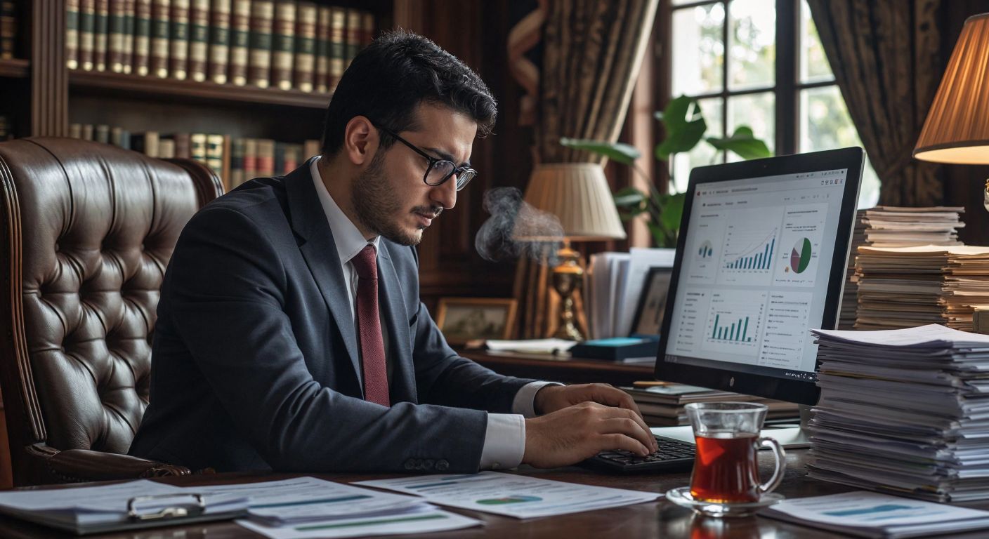 A professional Turkish accountant in a formal office setting, wearing glasses and a suit, attentively navigating a sleek digital portal on a computer screen, surrounded by stacks of financial documents and a steaming cup of Turkish tea.