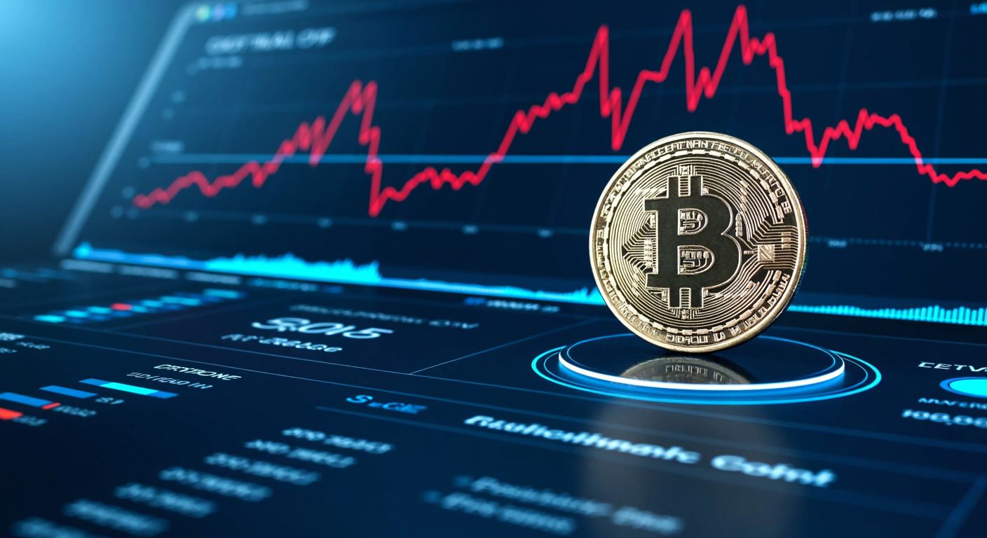 A glowing digital coin with a rising graph in the background, set against a dark blue futuristic financial dashboard.