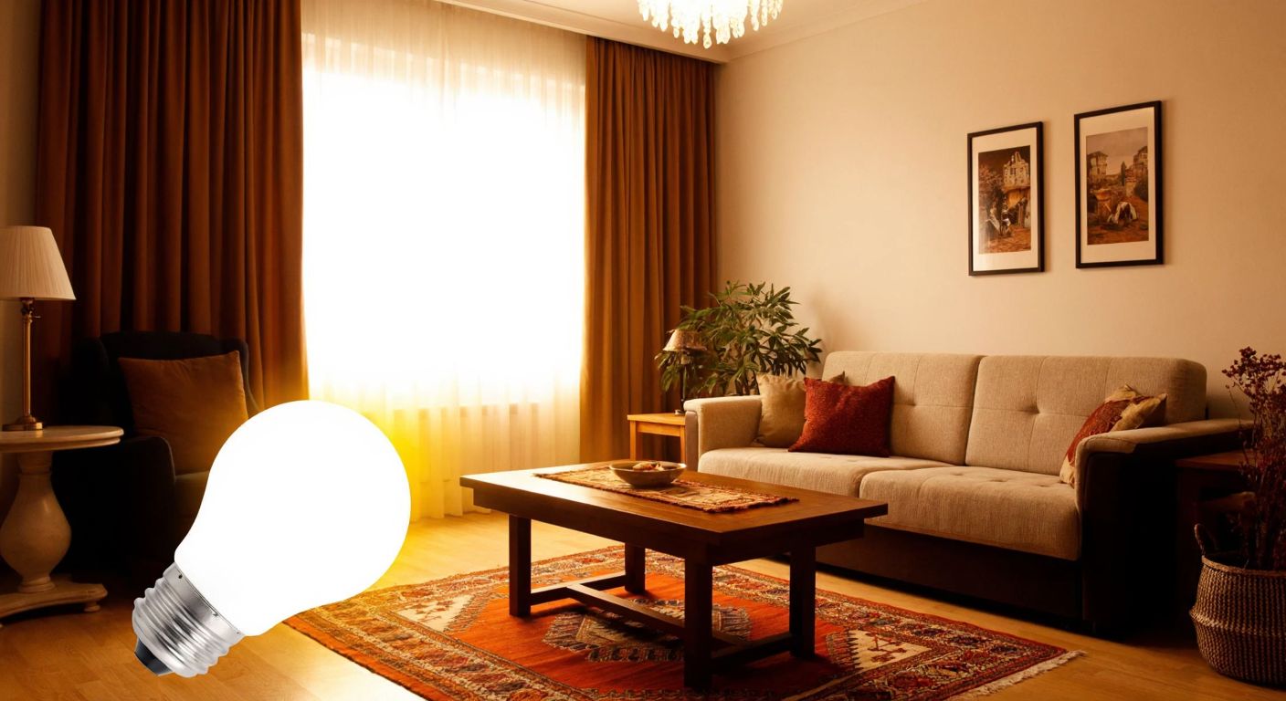 A warm Turkish living room softly illuminated by an E27 LED bulb, with a cozy sofa, a wooden coffee table, and a traditional kilim rug under warm, inviting light.