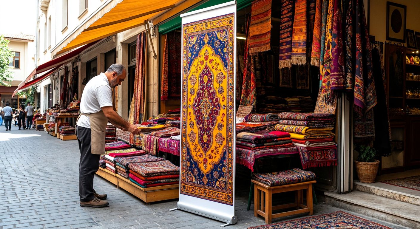 A vibrant Turkish bazaar stall displaying a tall, fully extended roll-up banner in a standard size (e.g., 100x200 cm), surrounded by colorful textiles and a craftsman adjusting its base.