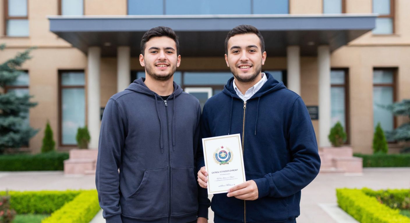 A young male student in a university hoodie stands confidently in front of a government office in Turkey, holding a student certificate while his father, dressed in casual work attire, smiles supportively beside him.