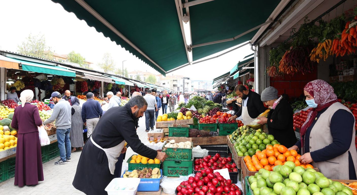 A bustling Turkish wholesale market with vendors weighing colorful fruits and vegetables, farmers in traditional attire registering produce, and buyers inspecting goods under a bright canopy.