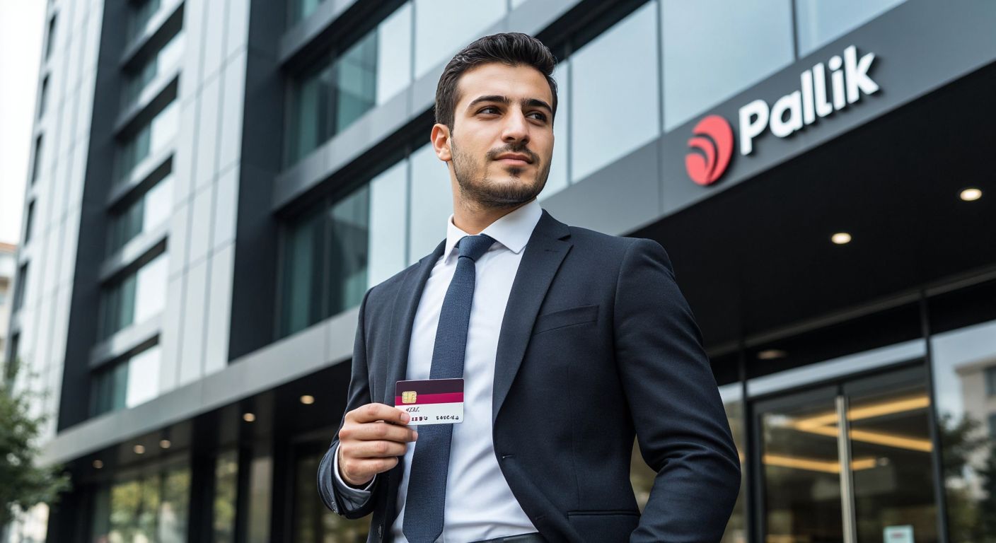 A modern Turkish businessman in a sharp suit stands confidently in front of a sleek bank building, holding a Passolig card, with the Çalık Holding logo subtly visible in the background.
