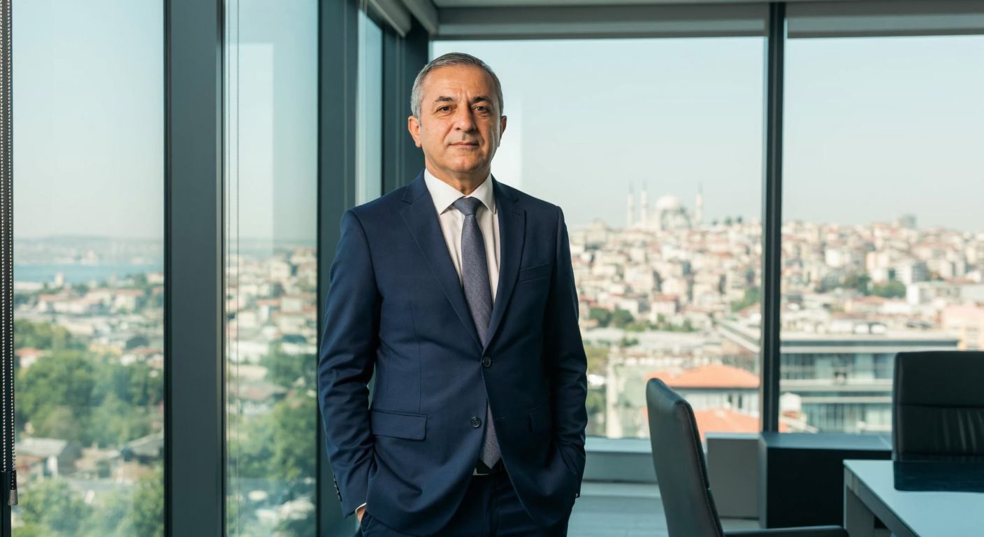 A distinguished middle-aged Turkish businessman in a tailored suit stands confidently in a modern corporate office, exuding authority and success, with a skyline of Istanbul visible through the floor-to-ceiling windows behind him.