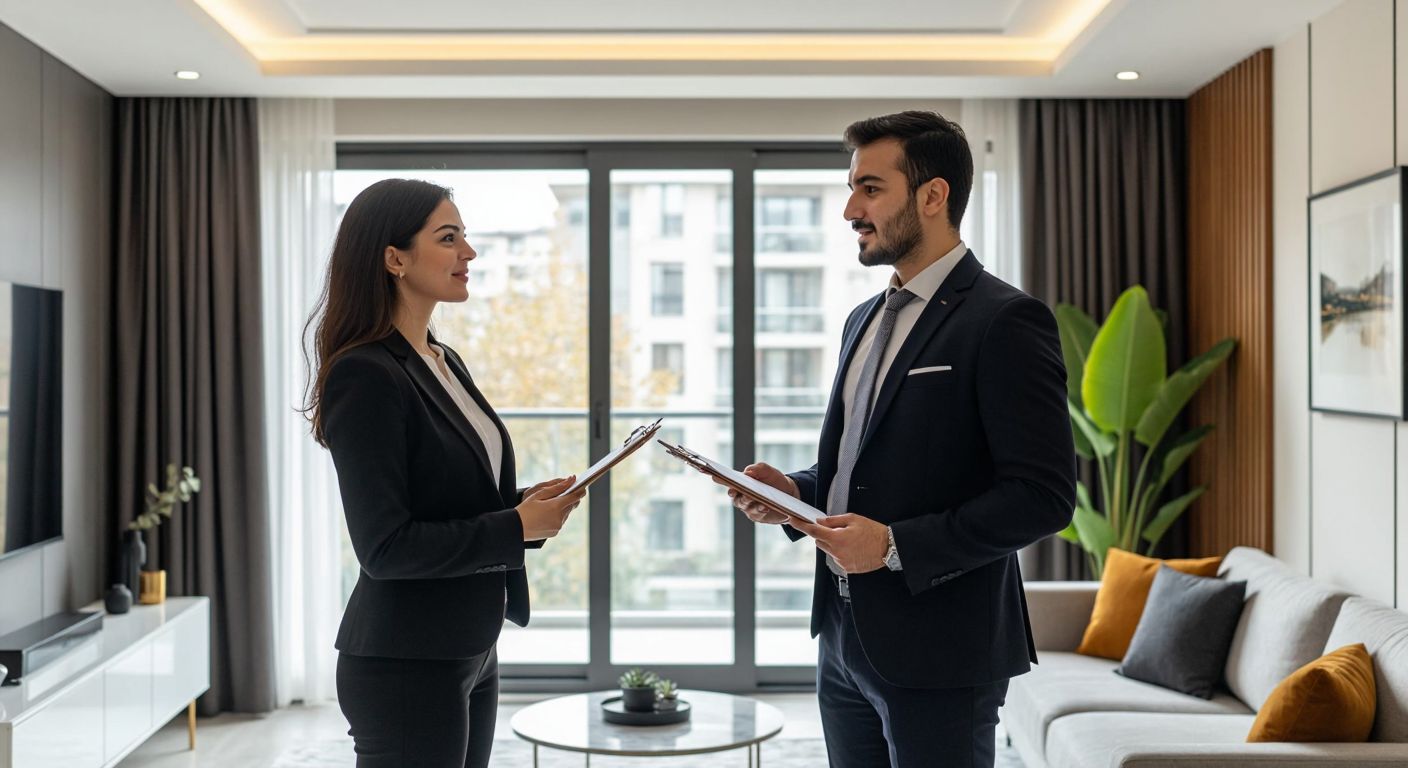 A professional Turkish evaluator in a formal suit examines a modern apartment in Istanbul, holding a clipboard while a client watches attentively with a mix of curiosity and trust.