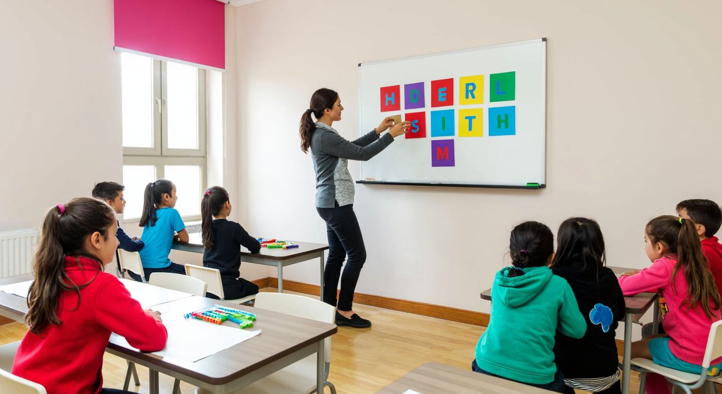 A bright classroom in Turkey with a teacher using a magnetic whiteboard to display colorful educational materials while students interact with magnetic letters and shapes.