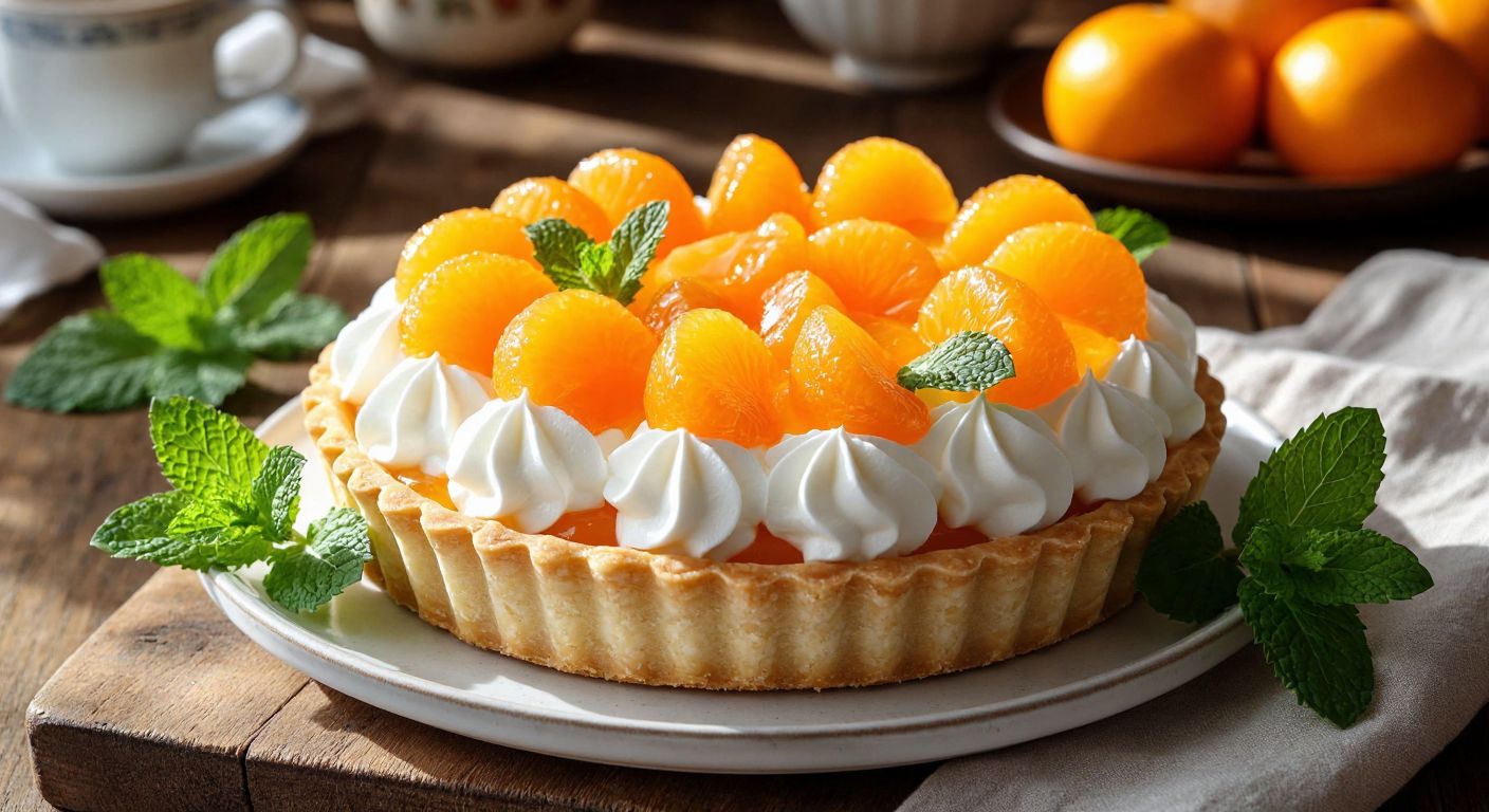 A golden tart topped with fluffy white whipped cream and bright orange jelly slices, garnished with fresh mint leaves on a rustic wooden table in a sunlit Turkish kitchen.
