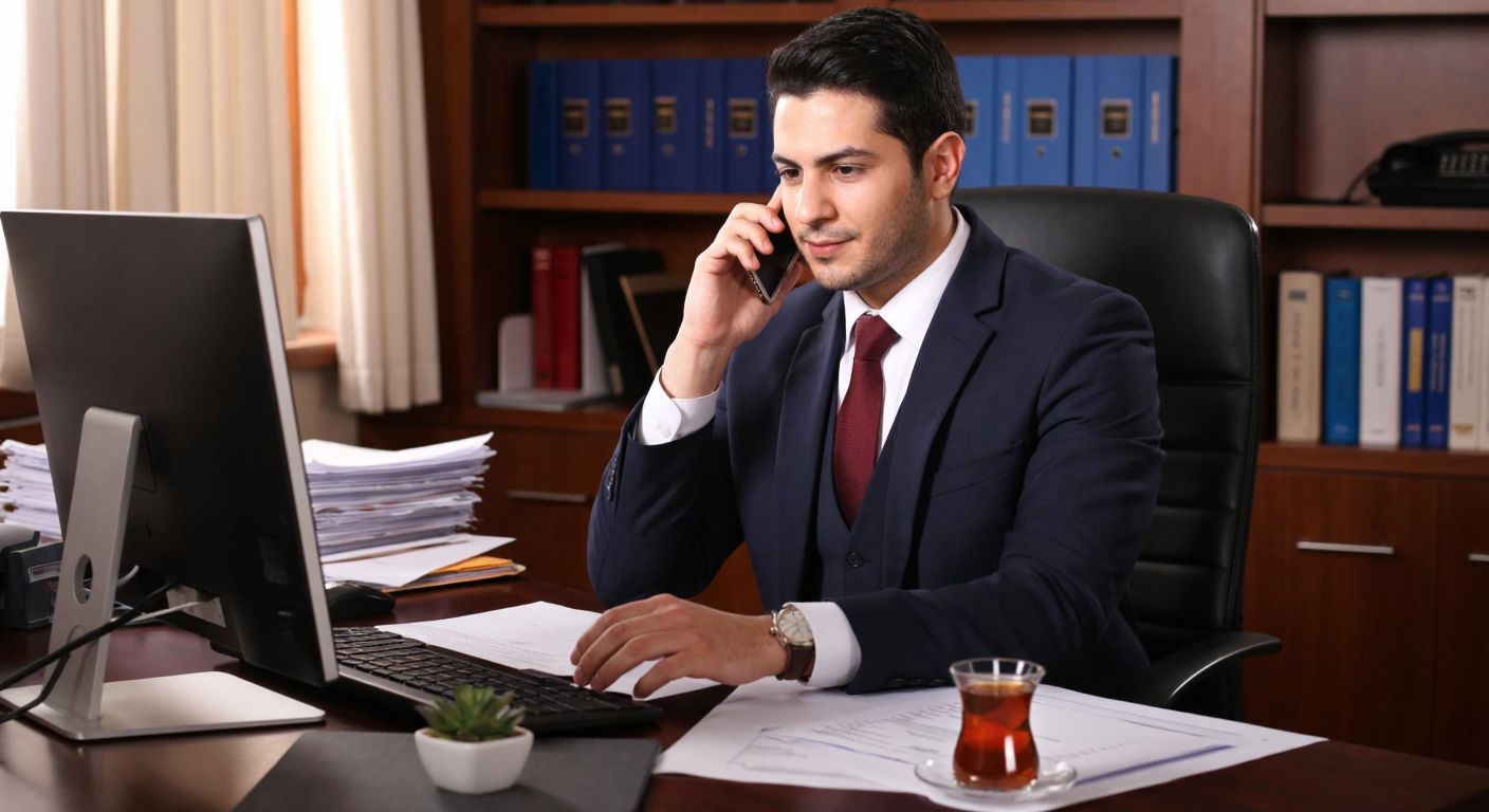 A professional Turkish office worker in a formal setting holds a phone to their ear while typing on a computer, with a calm and focused expression, surrounded by neatly organized documents and a steaming cup of Turkish tea.