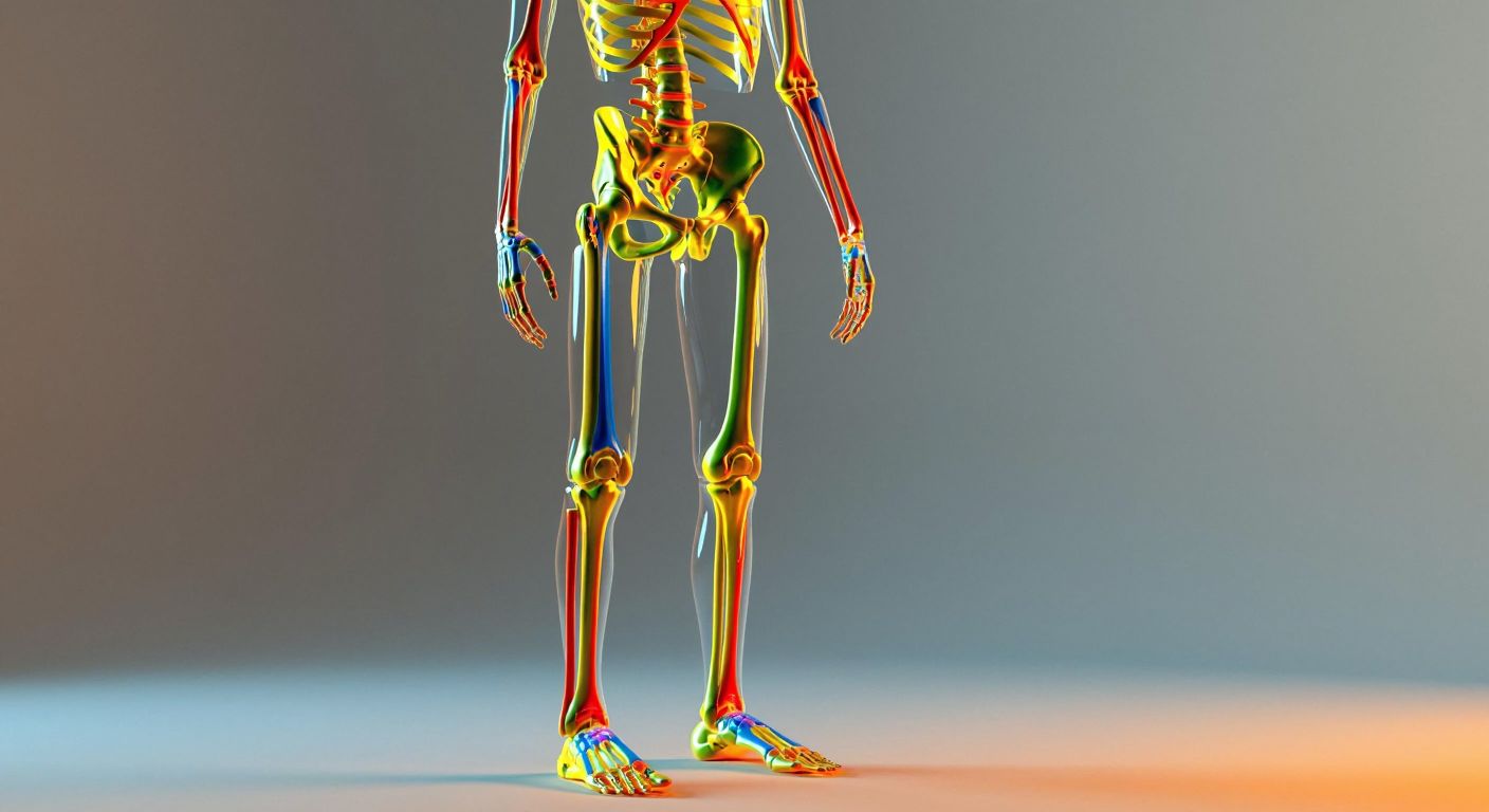 A transparent human skeleton model standing upright, with highlighted bones in different colors—long bones in blue, flat bones in yellow, short bones in green, irregular bones in red, and the kneecap in orange—against a neutral background.