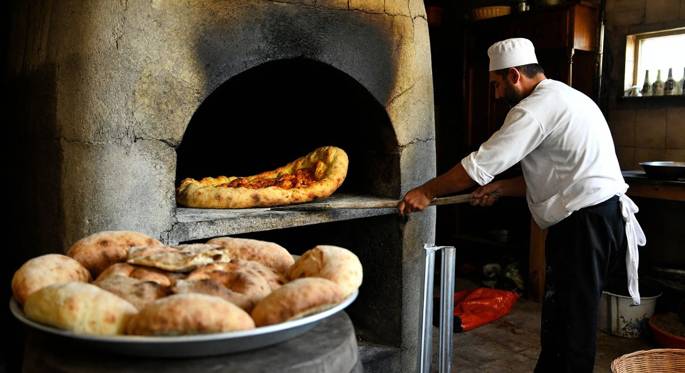 A warm stone oven in a rustic village bakery, with a baker pulling out a thick, golden-brown tandır ekmeği, surrounded by the aroma of freshly baked bread and local dishes like büryan kebabı simmering nearby.