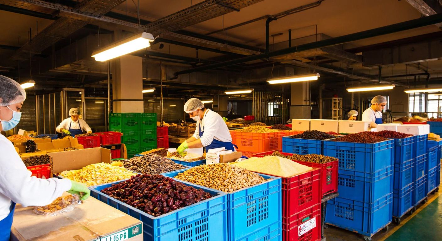 A bustling Turkish food factory with workers in hairnets packaging dried fruits and nuts, surrounded by stacks of colorful export crates under the warm glow of industrial lights.
