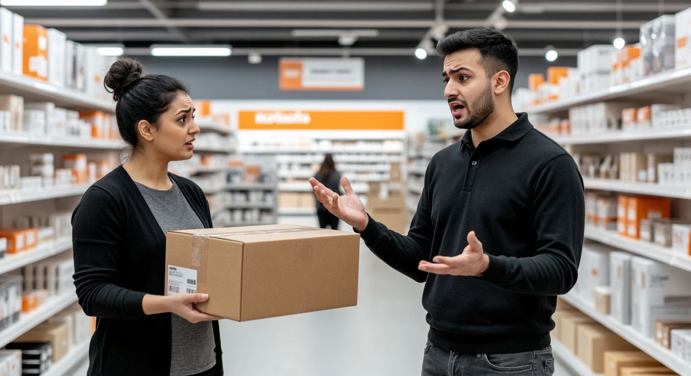 A frustrated customer in a Koçtaş store holding an unopened box, gesturing toward a stern employee behind a counter, with shelves of home improvement products in the background.