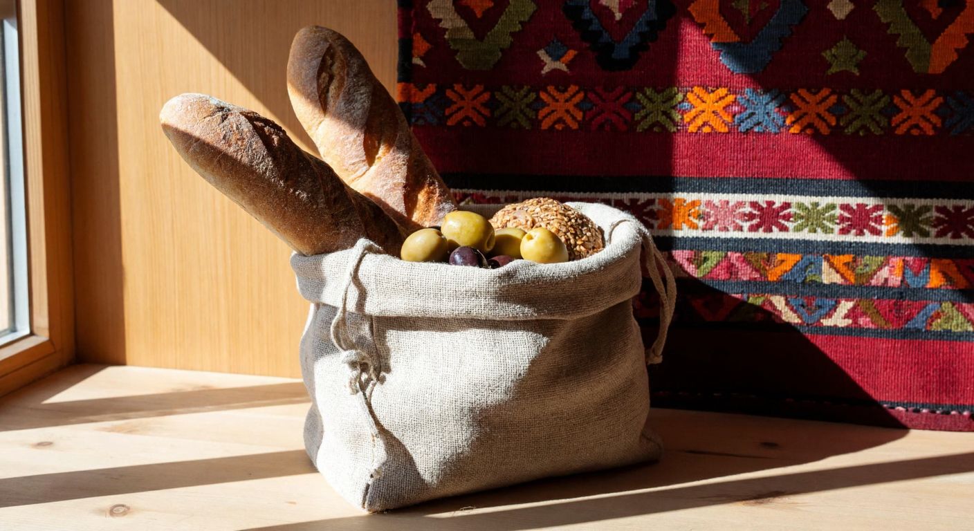A rustic woven cloth bag filled with fresh bread, olives, and dried fruits, resting on a wooden table in a sunlit village home with a traditional Turkish kilim in the background.