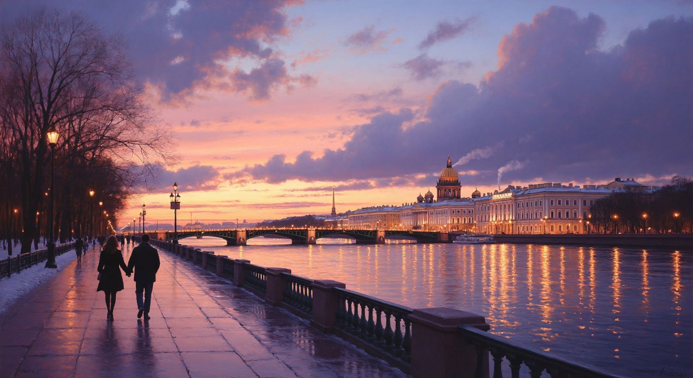 A dreamy twilight scene over St. Petersburg’s Neva River, with pastel-hued skies reflecting on the water, historic bridges and palaces softly illuminated, and couples strolling along the embankment under the lingering golden glow of the sun.