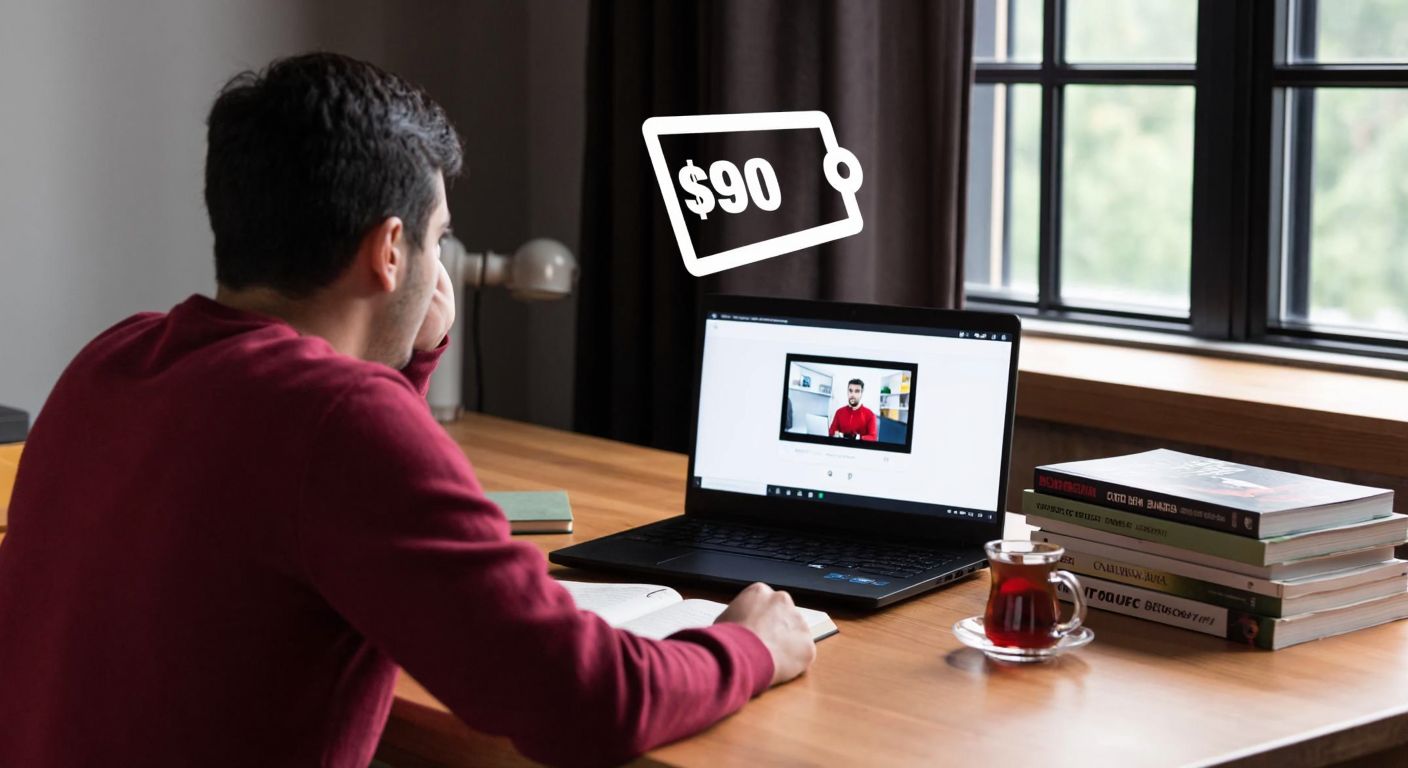 A focused Turkish student sitting at a wooden desk with a laptop displaying an educational video, surrounded by stacks of books and a steaming cup of çay, while a transparent price tag hovers above the screen.
