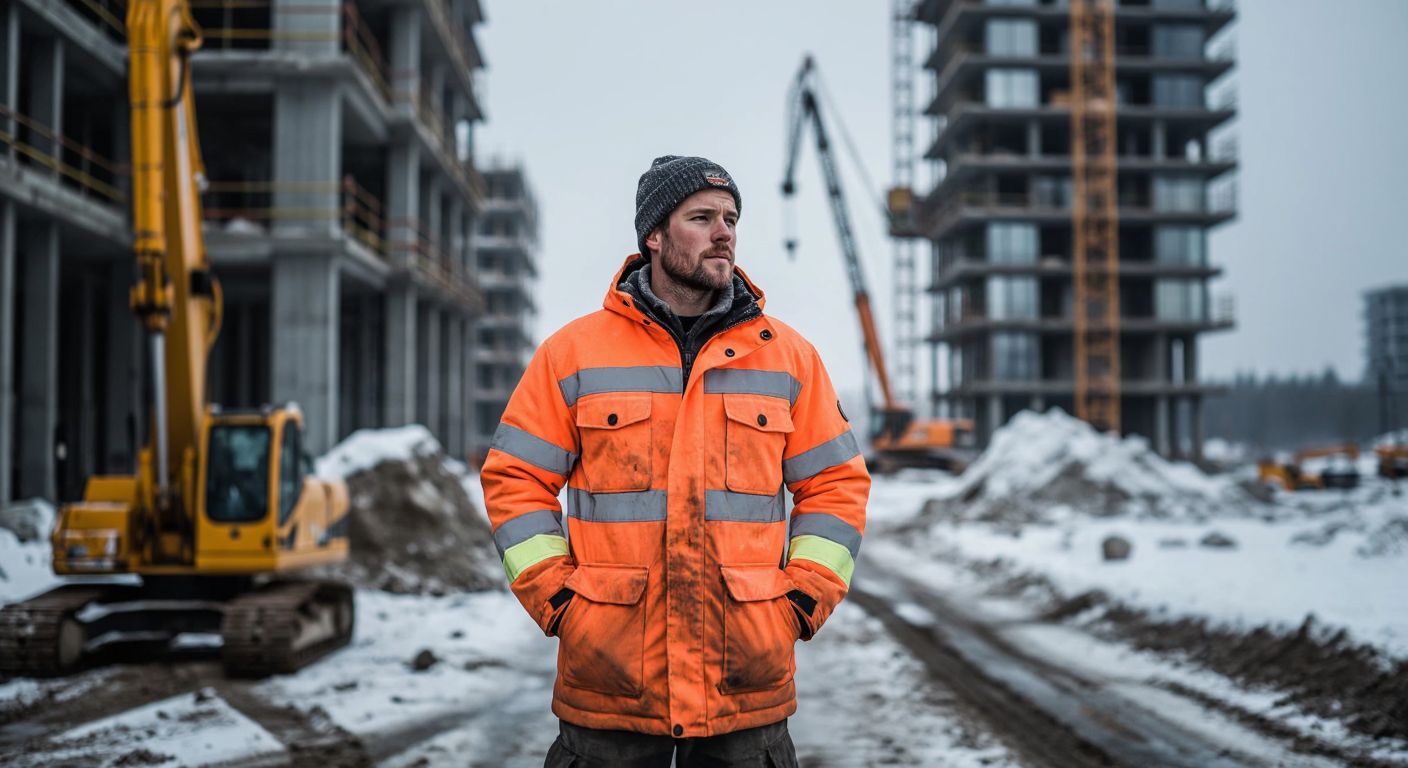 A rugged worker in a thick, reflective-striped winter work jacket stands confidently in a snowy construction site, his hands tucked into the jacket’s deep pockets while his breath fogs in the cold air.