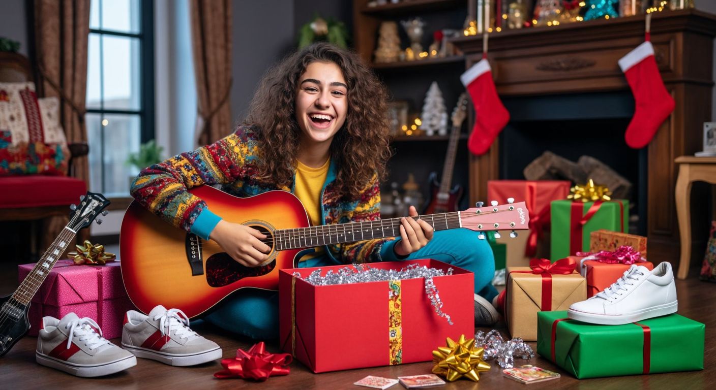 A smiling Turkish teenager unwraps a colorful gift box containing a new guitar, surrounded by smaller wrapped presents like sneakers, a book, and concert tickets, with excitement in their eyes.