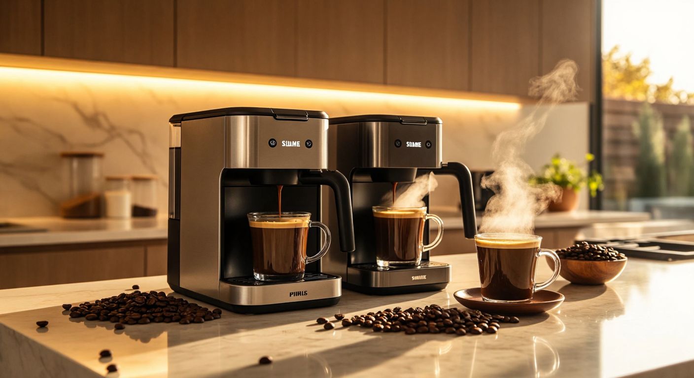 A modern Turkish kitchen with two sleek coffee machines—a Philips and a Siemens—side by side on a marble countertop, steam rising from freshly brewed cups of rich Turkish coffee, surrounded by scattered coffee beans and a warm, inviting glow from morning sunlight.