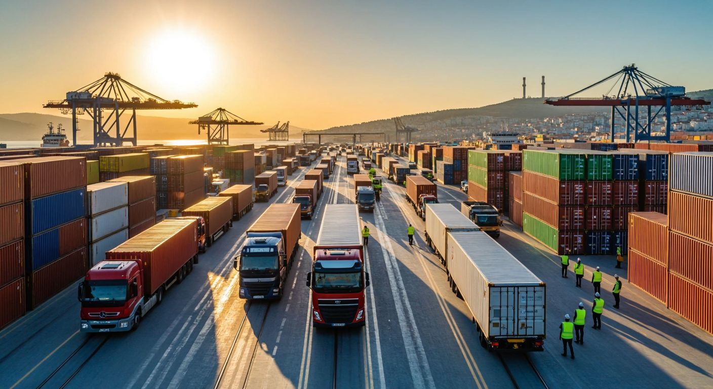 A bustling Turkish port with cargo ships, trucks, and trains under a bright sun, surrounded by stacks of shipping containers and workers in high-visibility vests coordinating logistics.