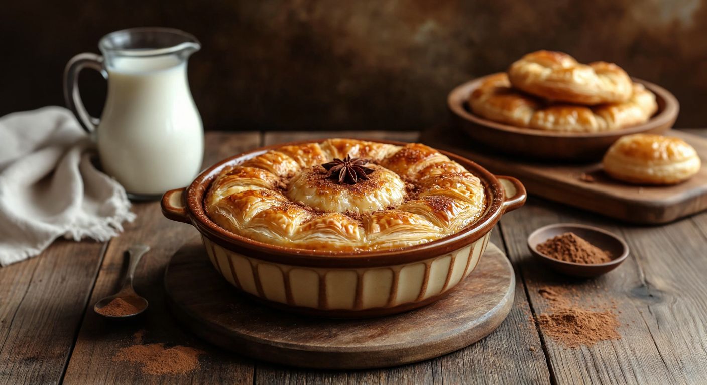 A warm, golden-brown bowl of creamy *sütlava şerbeti* sits on a rustic wooden table, drizzled over flaky pastry, with a dusting of cinnamon and a pitcher of milk nearby, evoking the cozy sweetness of a Turkish kitchen.