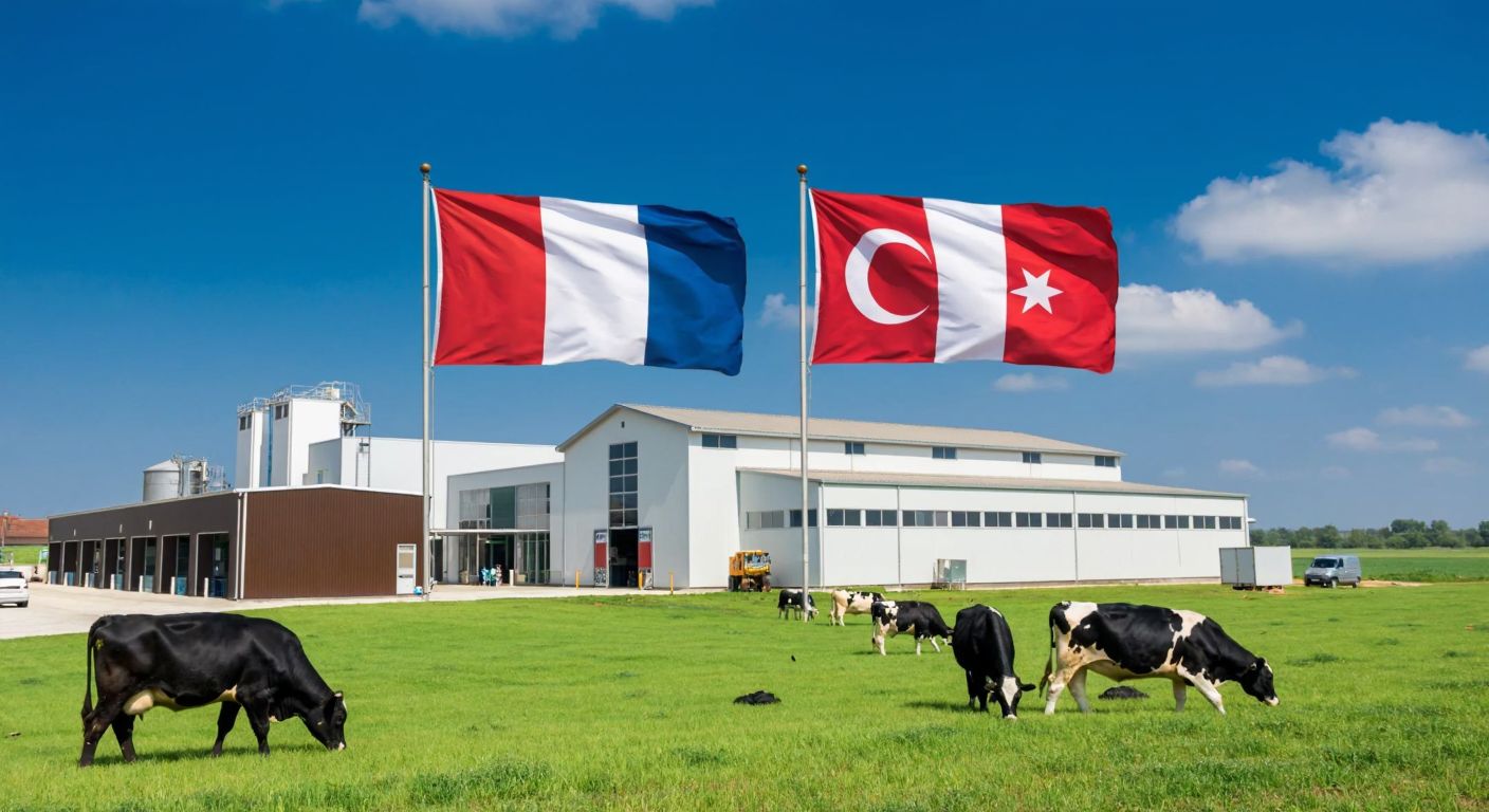 A modern dairy factory with French and Turkish flags flying side by side, surrounded by lush green fields and cows grazing peacefully, symbolizing the international ownership of Ak Gıda.