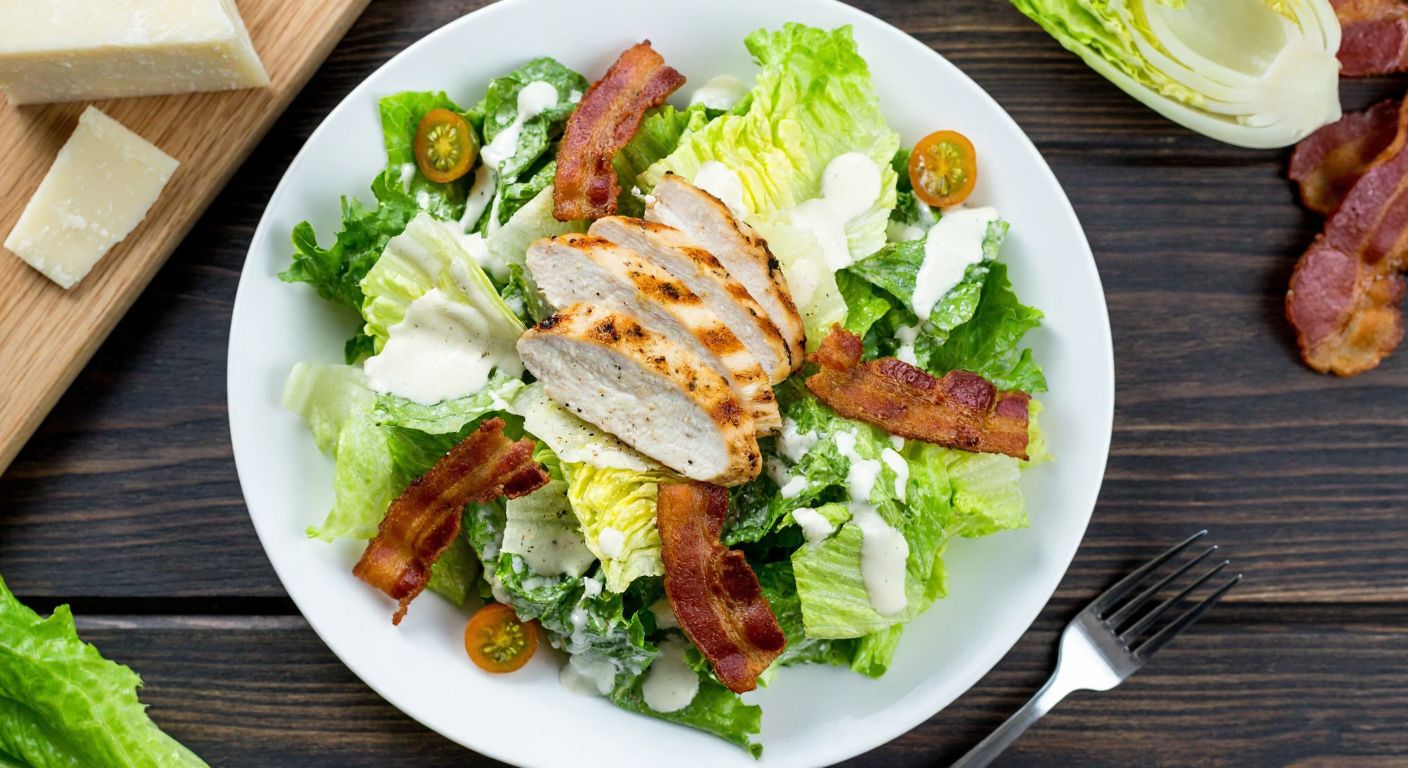 A vibrant Caesar salad with grilled chicken breast and crispy bacon strips on a rustic wooden table, surrounded by fresh lettuce, parmesan shavings, and a drizzle of creamy dressing.
