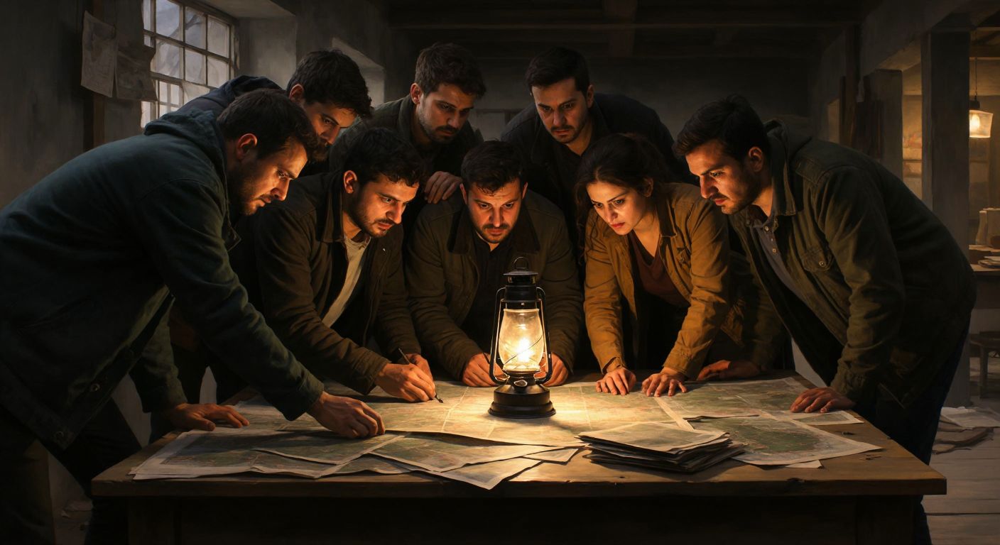 A determined group of people huddled together in a dimly lit room, their faces lit by a single flickering lantern, as they lean over a worn wooden table covered with scattered papers and a map of Turkey, searching for a solution with focused expressions.