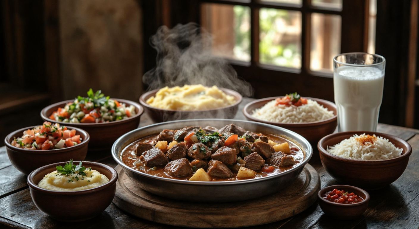 A steaming plate of taşlık yahni (chicken gizzard stew) sits at the center of a rustic wooden table, surrounded by small bowls of creamy patates püresi (mashed potatoes), a vibrant çoban salatası (shepherd’s salad), a golden pile of tereyağlı pilav (buttery rice), and a glass of frothy ayran, with warm sunlight filtering through a nearby window.