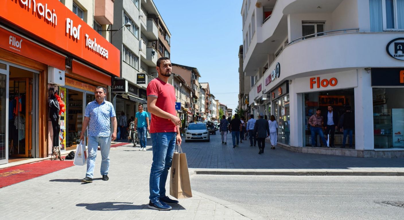 A bustling street in Erbaa, Tokat, with storefronts like Flo and Teknosa, where a curious local in casual attire stands near a signless intersection, looking slightly puzzled while holding a shopping bag.