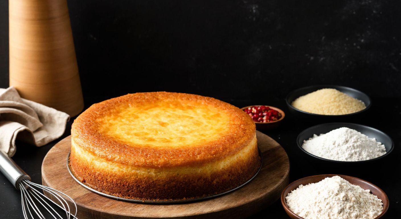A warm Turkish kitchen with a golden-brown, fluffy cake on a wooden table, surrounded by bowls of wheat and corn starch, and a whisk resting nearby.