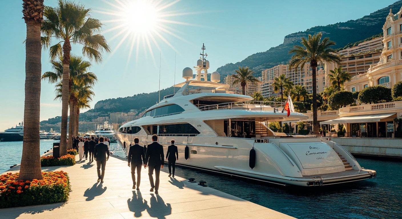 A luxurious yacht docked in Monaco’s harbor under a bright sun, with elegant people in formal attire strolling past palm-lined streets and grand casinos, exuding wealth and exclusivity.