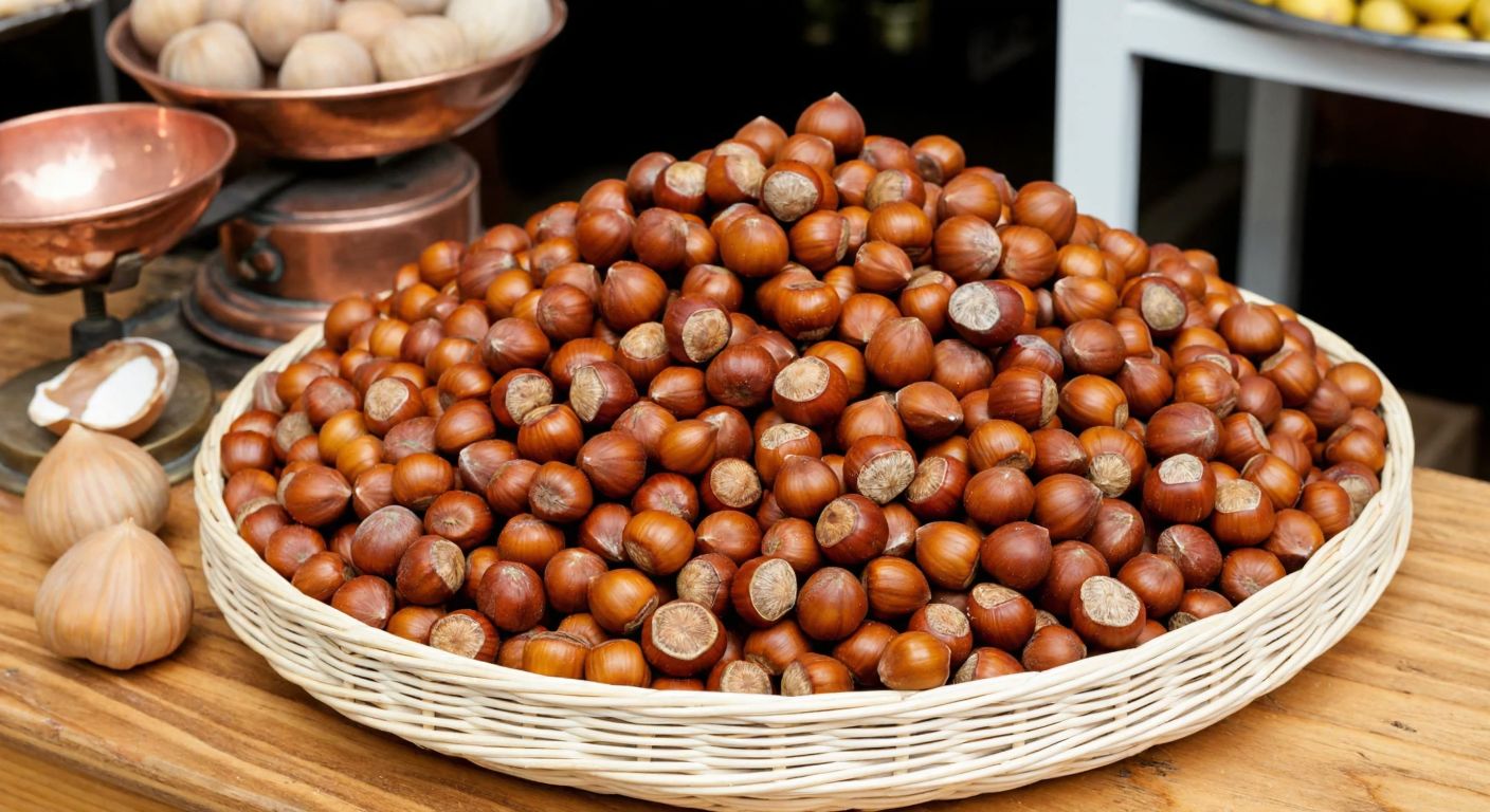 A wooden table in a Turkish market displaying a large woven basket filled with glossy, golden-brown Giresun hazelnuts, surrounded by a few cracked shells and a traditional copper scale nearby.